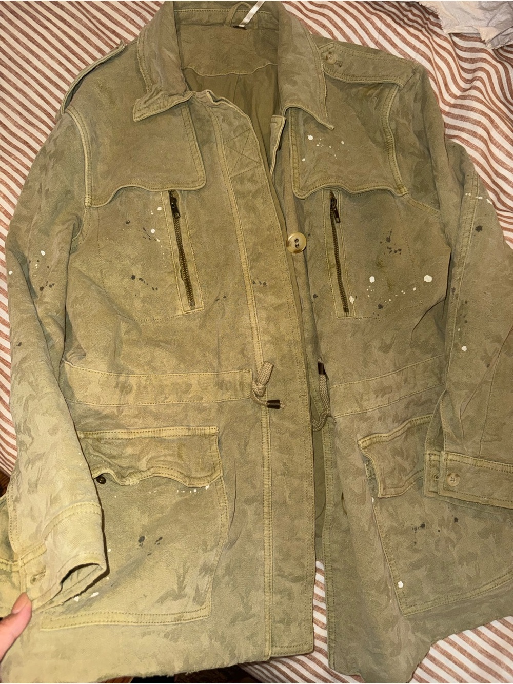 Free People Olive Green Field Jacket with Paint-Splatter Detail